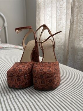 Floral Rust Platform Ankle-Strap Heels
